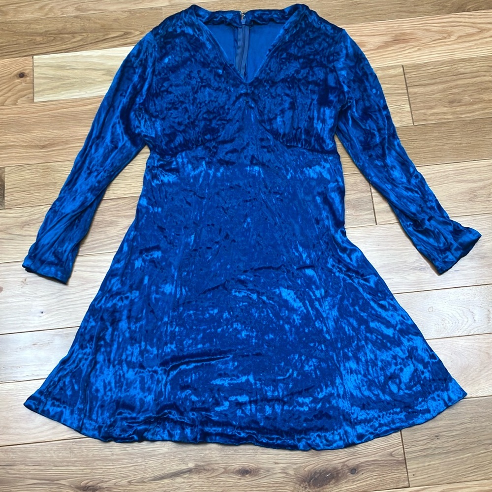 Vintage crushed velvet blue/teal  mini Dress, handmade!  Small/medium